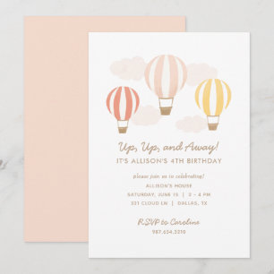 Pink Hot Air Balloons Girl Birthday Party Invitation
