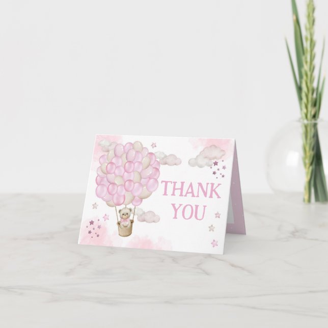 Pink Hot Air Balloons Teddy Bear Thank You Card (Front)