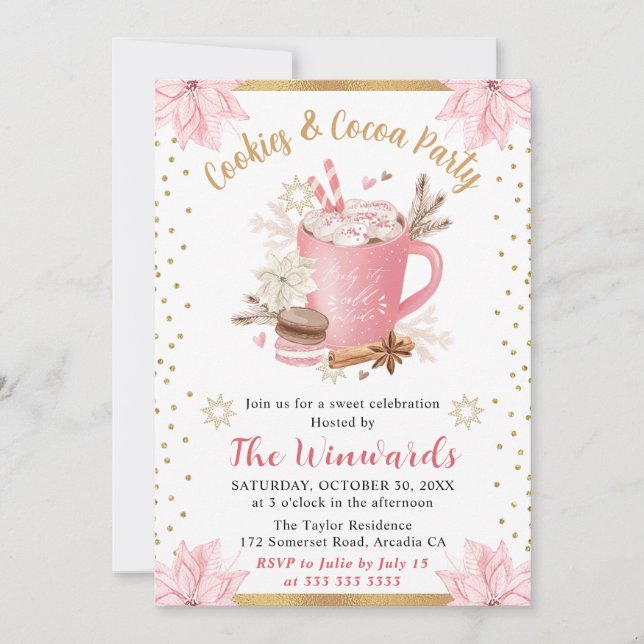 Pink Hot Cocoa and Cookies Winter Party Invitation (Front)