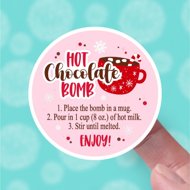 Pink Hot Cocoa Bomb Chocolate Serving Instructions (mockup of round sticker showing pink and red hot chocolate bomb instructions)