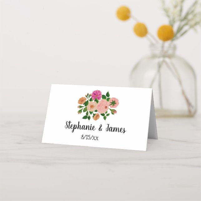 Pink Hot Pink Peach Flowers Escort Card Place Card (Front)