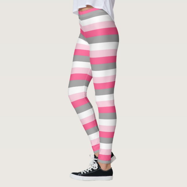 Pink, Hot Pink, White and Charcoal Grey Stripes  Leggings (Left)