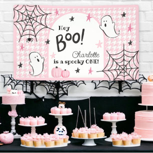 Pink Houndstooth Halloween First Birthday Hey Boo Banner