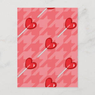 pink houndstooth heart lollipop postcard