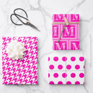 Pink Houndstooth Monogram Polka Dot Wrapping Paper Sheet