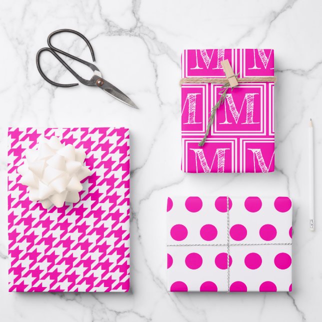 Pink Houndstooth Monogram Polka Dot Wrapping Paper Sheet (Front)