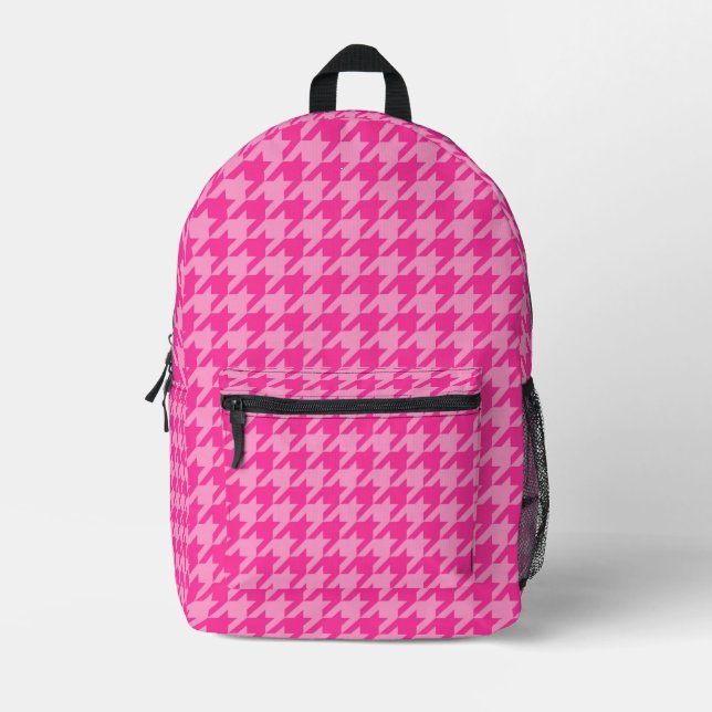 Pink Houndstooth Plaid Check Printed Backpack (Front)