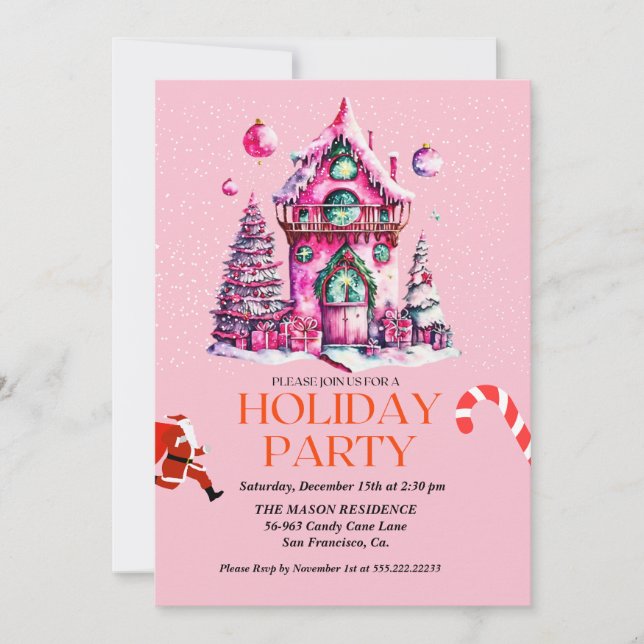 pink  House Christmas Party Invitation (Front)
