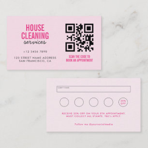 Pink House Cleaning Services QR Code Loyalty & Bus Business Card