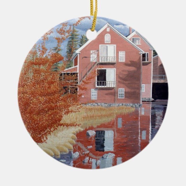 Pink House in Autumn Ceramic Tree Decoration (Front)