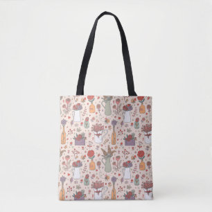 Pink House Plants: Vintage Floral Tote Bag