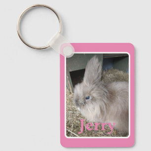 Pink House Rabbit Photo Image with Name Keepsake Key Ring