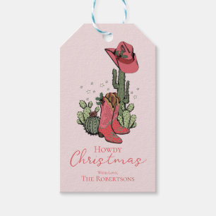 Pink Howdy Christmas Cowgirl Boots and Cacti Gift Tags