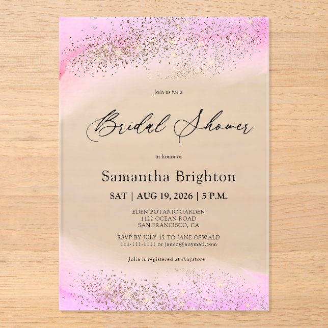 Pink Hues Gold Sparkles Bridal Shower  Acrylic Invitations (Front)