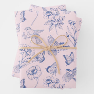 Pink Hummingbird & Butterfly Floral Wrapping Wrapping Paper Sheet