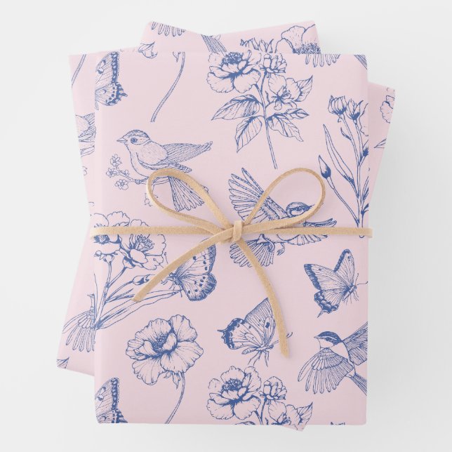 Pink Hummingbird & Butterfly Floral Wrapping Wrapping Paper Sheet (In situ)