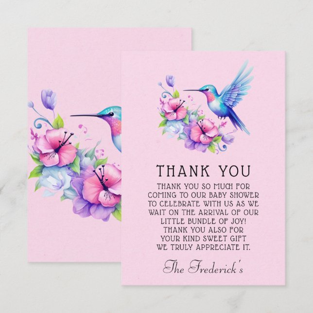 Pink Hummingbird Girl Baby Shower Thank You  (Front/Back)