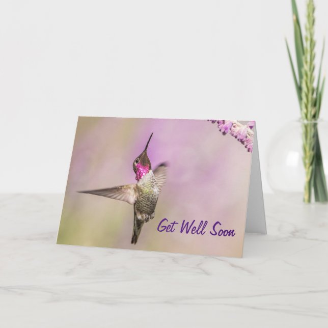 Pink Hummingbird Posing in Flight Get Well Soon Card (Front)