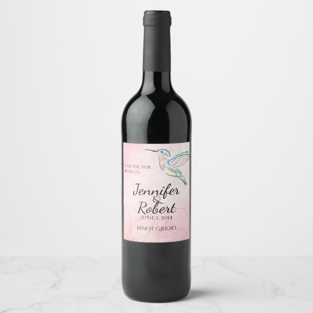 Pink Hummingbird Watercolor Wedding Wine Label (Front)