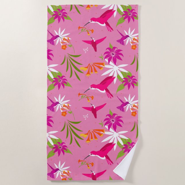 Pink Hummingbirds and Flowers Tropical Bird Beach Towel (Front)