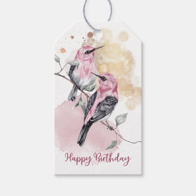Pink Hummingbirds Happy Birthday Gift Tags (Front)