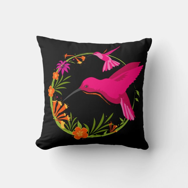 Pink Hummingbirds on Black Tropical Cushion (Front)
