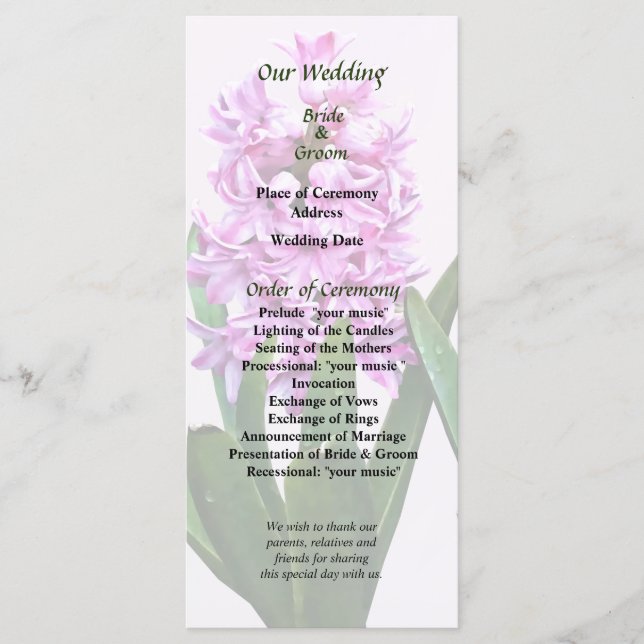 Pink Hyacinths Duo Wedding Program Programme (Front)