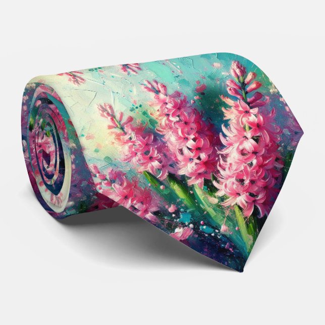 Pink Hyacinths Floral Impressionistic Painting Tie (Rolled)