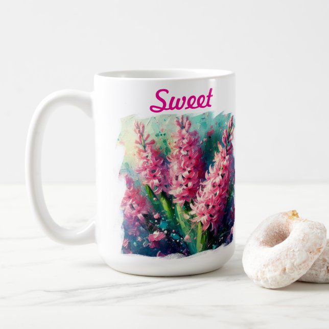 Pink Hyacinths Hyacinth Floral Personalised Coffee Mug (With Donut)