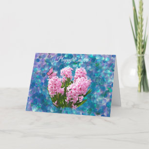 Pink Hyacinths on Blue Mosaic  Easter Holiday Card