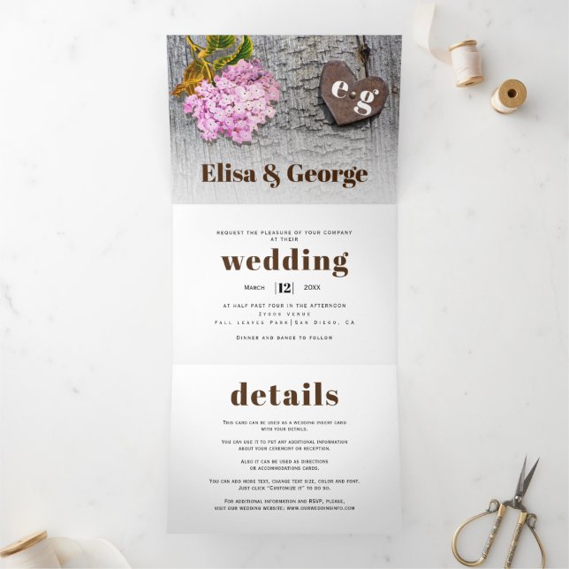 Pink hydrangea and heart on wood rustic wedding Tri-Fold invitation (Inside)