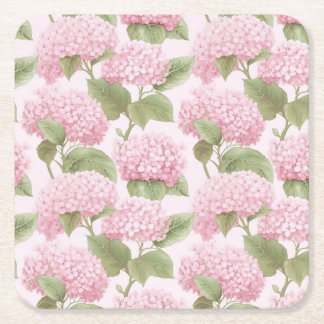 Pink Hydrangea and Leaves Garden Party Square Paper Coaster