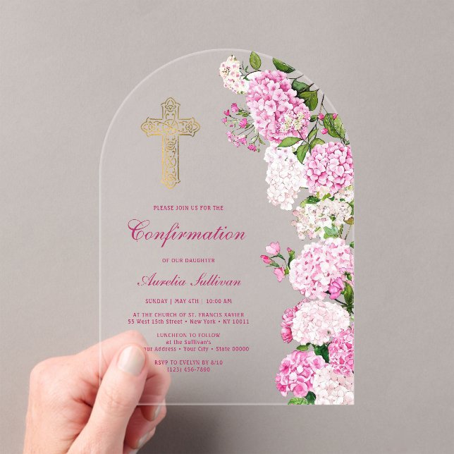 Pink Hydrangea Arch Confirmation Acrylic Invitations (Insitu (Handheld))
