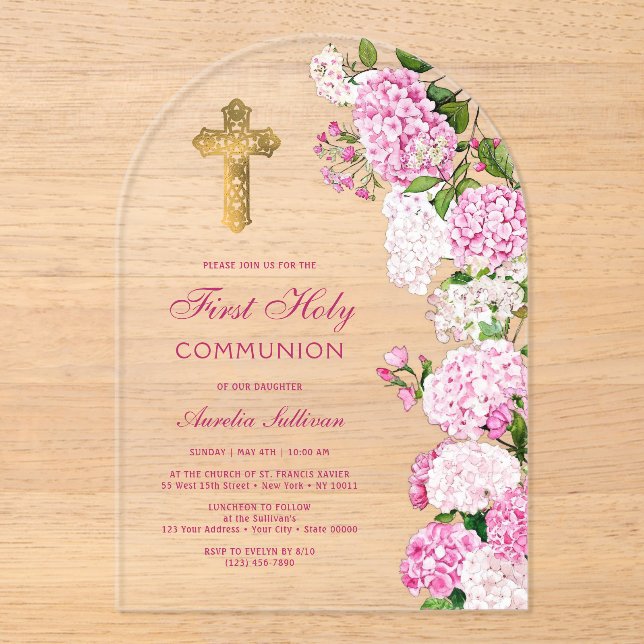 Pink Hydrangea Arch First Communion Acrylic Invitations (Front)