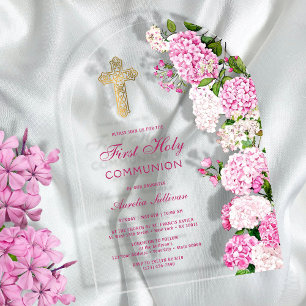 Pink Hydrangea Arch First Communion Acrylic Invitations