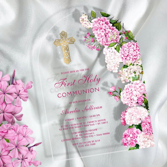 Pink Hydrangea Arch First Communion Acrylic Invitations (Creator Uploaded)