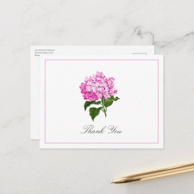 Pink Hydrangea Bloom Traditional Thank You Postcard (Front/Back In Situ)