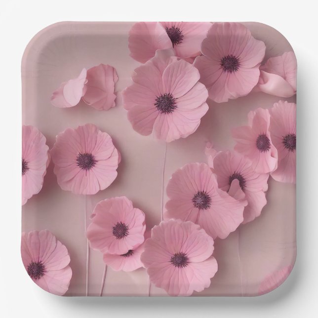 Pink Hydrangea Blooms Floral Paper Plate (Front)