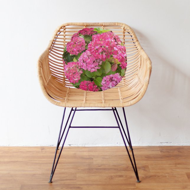 Pink Hydrangea Blooms Floral Round Cushion (In Situ Chair 1)