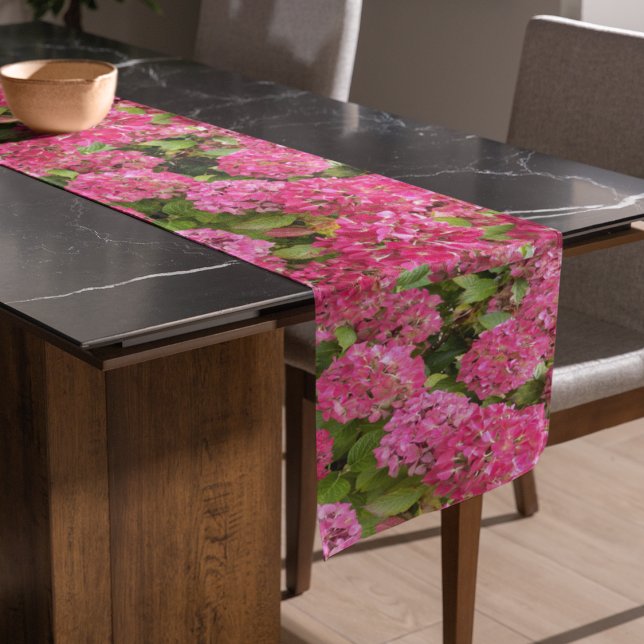 Pink Hydrangea Blooms Floral Short Table Runner (In Situ)