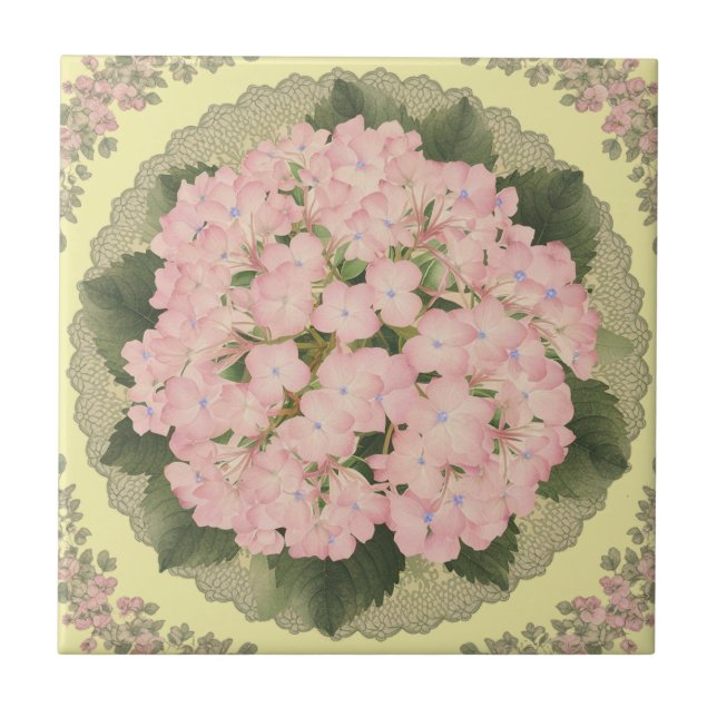 Pink Hydrangea Blooms Floral yellow Ceramic Tile (Front)