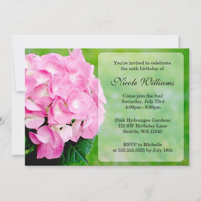 Pink Hydrangea Blossom Birthday Party Invitation (Front)