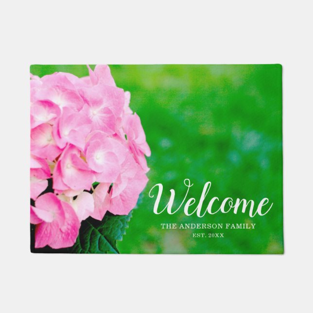 Pink Hydrangea Blossom Personalised Doormat (Front)