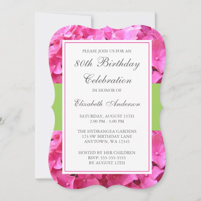Pink Hydrangea Border Green 80th Birthday Party Invitation (Front)