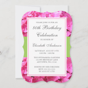 Pink Hydrangea Border Green 80th Birthday Party Invitation