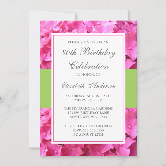 Pink Hydrangea Border Green 80th Birthday Party Invitation (Front)