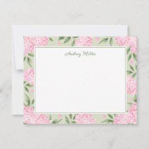 Pink Hydrangea Border Green Personalised Card