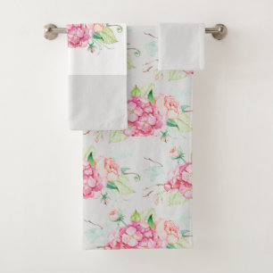 Pink Hydrangea Botanical  Pattern on Light Grey Bath Towel Set