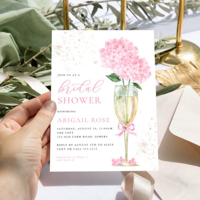 Pink Hydrangea Bridal Shower Gold Champagne Invitation (Creator Uploaded)