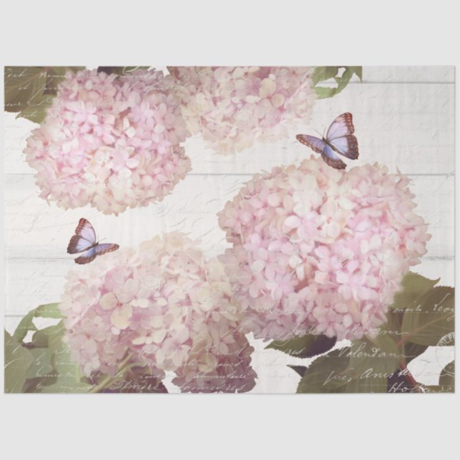 Pink Hydrangea Butterfly Flower Floral Script Art  Tissue Paper (Front)
